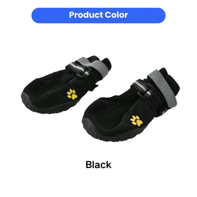 black-protective-dog-shoes-pair Close-up of a pair of black dog shoes with anti-slip rubber soles and adjustable velcro straps.