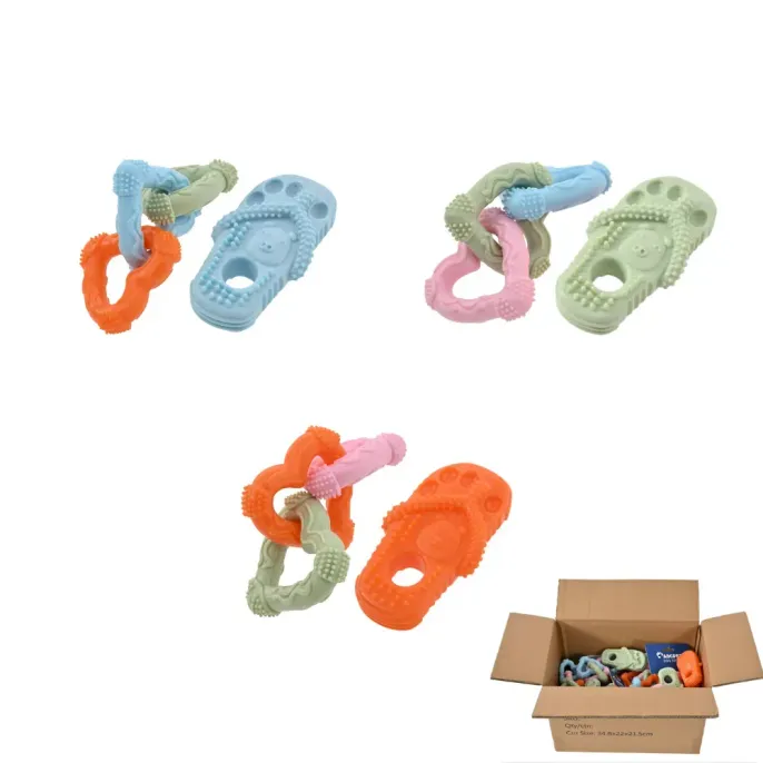 Bulk set of TPR dog chew toys featuring interlocking rings and slipper shapes in pastel blue, green, and orange.