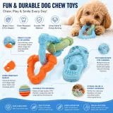 Infographic highlighting chew-resistant design, BPA-free material, dental health textures, and stress relief benefits.