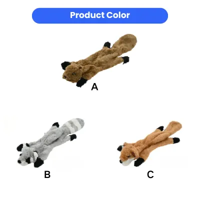 plush-animal-dog-toy-style-options Product color chart showing three styles: A (Squirrel), B (Raccoon), and C (Fox) plush dog toys.