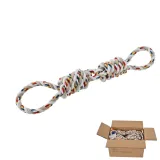 Durable double-knot cotton dog tug toy with multi-color rope and bulk wholesale shipping box.