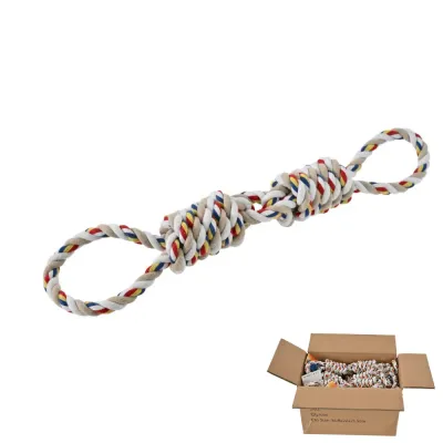 heavy-duty-cotton-dog-rope-toy-wholesale-packaging Durable double-knot cotton dog tug toy with multi-color rope and bulk wholesale shipping box.