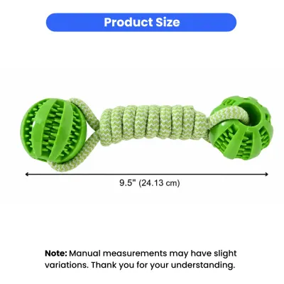Technical dimension drawing showing the 9.5-inch (24.13 cm) length of the cotton rope and TPR ball dog toy.
