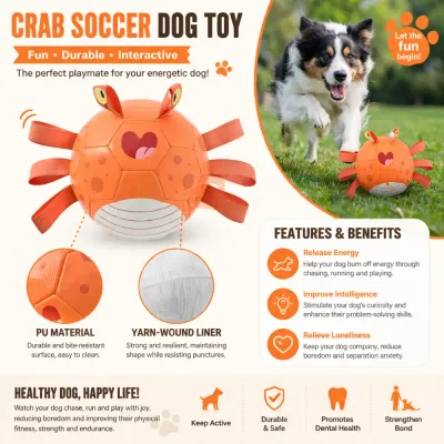 Crab Soccer Dog Toy Features Durable PU Dog Chew Ball Wholesale Detailed feature image of crab soccer dog toy showing PU material yarn-wound liner and dog interactive play benefits
