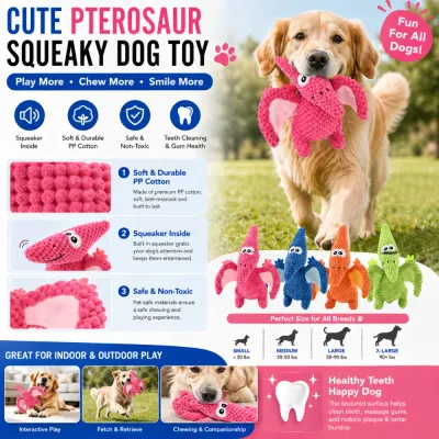 durable-squeaky-dog-toy-features-infographic Infographic detailing features: built-in squeaker, durable PP cotton, non-toxic material, and dental health benefits for all dog sizes.