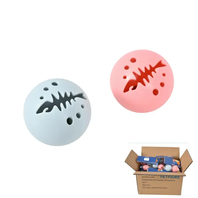 interactive-cat-toy-ball-wholesale-packaging Two fish-bone design cat toy balls in pink and grey next to a bulk shipping box from Petfairs Wholesale.