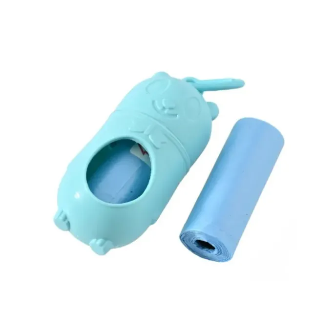 Close-up of the sky blue bear-shaped dispenser made of eco-friendly plastic with a matching blue waste bag roll.
