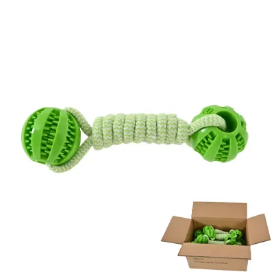 Green textured TPR dog chew toy with braided cotton rope shown individually and in a bulk shipping carton for wholesale.