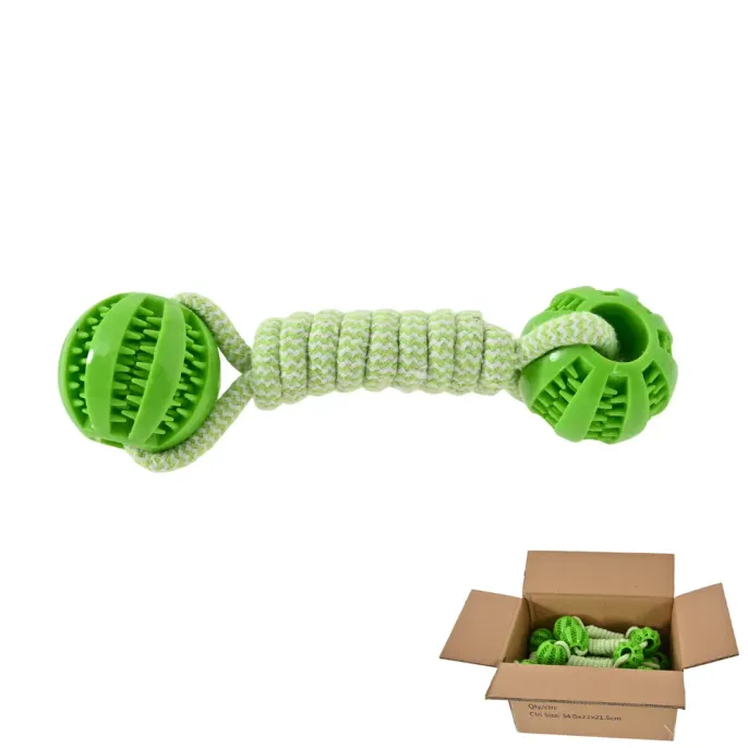 Wholesale-Durable-TPR-Dog-Chew-Toy-with-Cotton-Rope-Bulk-Packaging Green textured TPR dog chew toy with braided cotton rope shown individually and in a bulk shipping carton for wholesale.