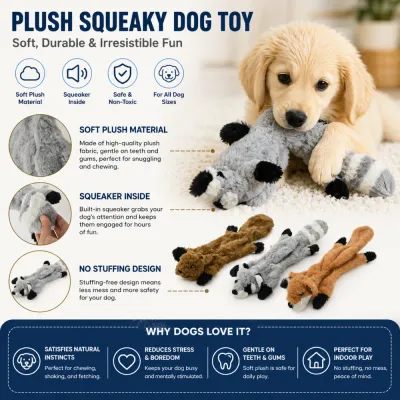 squeaky-plush-dog-toy-features-infographic Infographic detailing features: soft plush material, internal squeaker, and no-stuffing mess-free design.