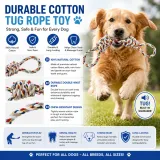 Infographic highlighting 100% natural cotton, dental health benefits, and chew-resistant design for dog rope toys.