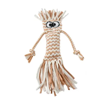 brown-octopus-braided-rope-toy Close-up of the brown and white braided cotton rope dog toy with embroidered eyes and tassel legs.