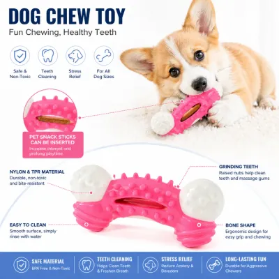 Functional-Benefits-of-TPR-Nylon-Dog-Bone Infographic detailing features: safe non-toxic material, teeth cleaning nubs, stress relief, and snack stick insertion slot.