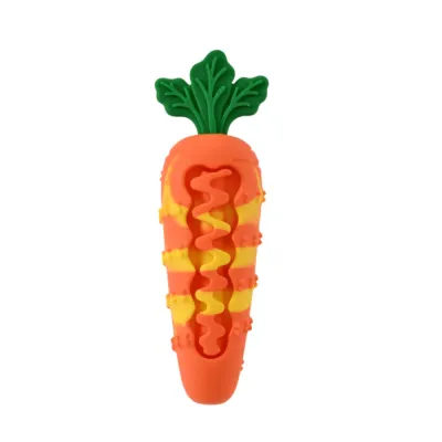 Durable Orange Rubber Carrot Dog Toy for Heavy Chewers High-resolution studio shot of the orange and yellow striped carrot dog toy with a green top.