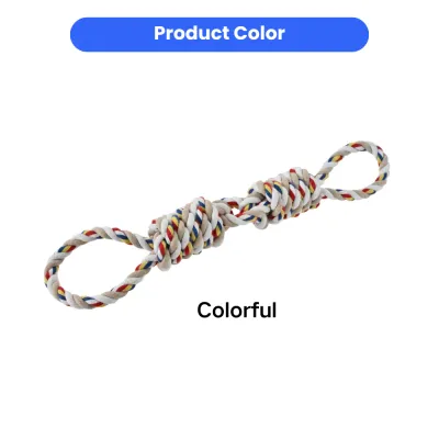 colorful-braided-pet-tug-rope-toy Close-up of a colorful braided cotton dog toy showing red, blue, yellow, and white fibers.
