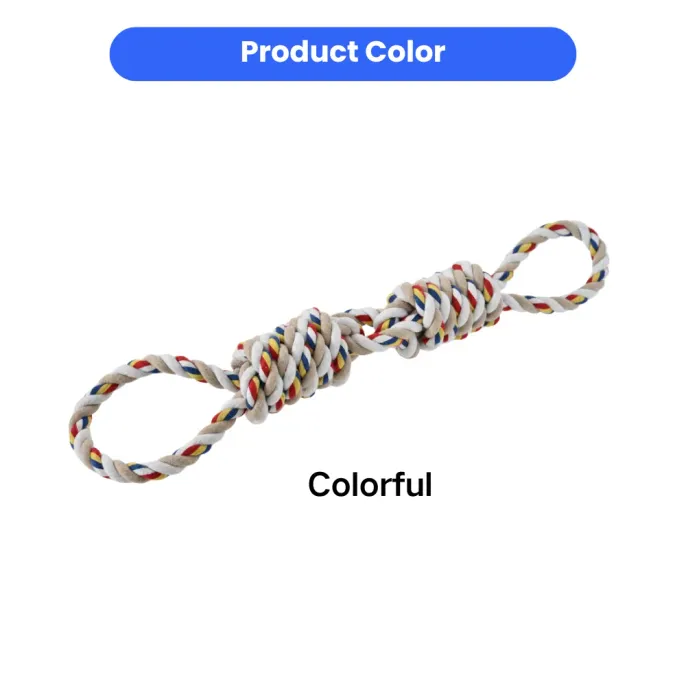 Close-up of a colorful braided cotton dog toy showing red, blue, yellow, and white fibers.