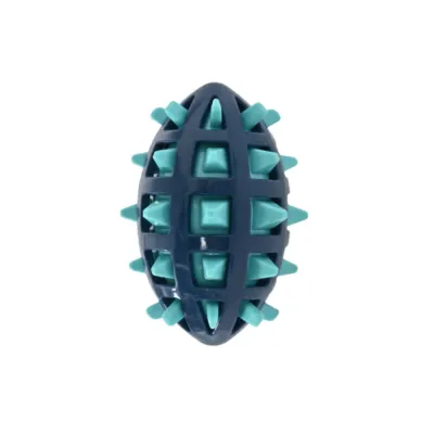 Close-up of a dark blue and teal spiked football-shaped dog toy made of TPR material.