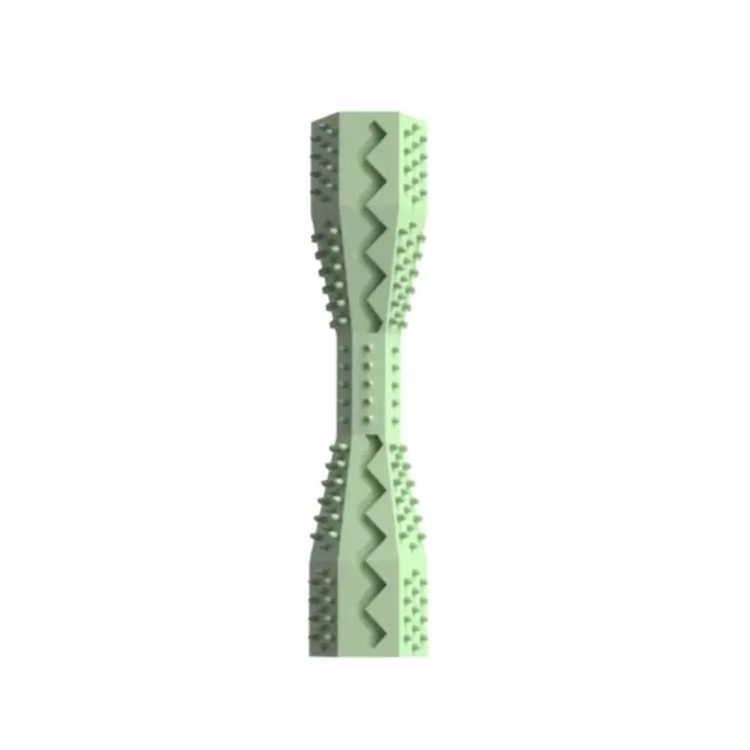 Front view of the green dental chew toy featuring deep ridges and soft cleaning spikes.