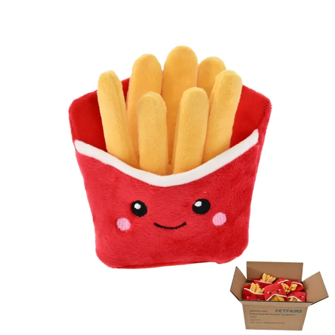 wholesale-plush-french-fries-dog-toy-packaging Bulk supply of plush french fries dog toys in a Petfairs branded shipping carton for B2B wholesale.