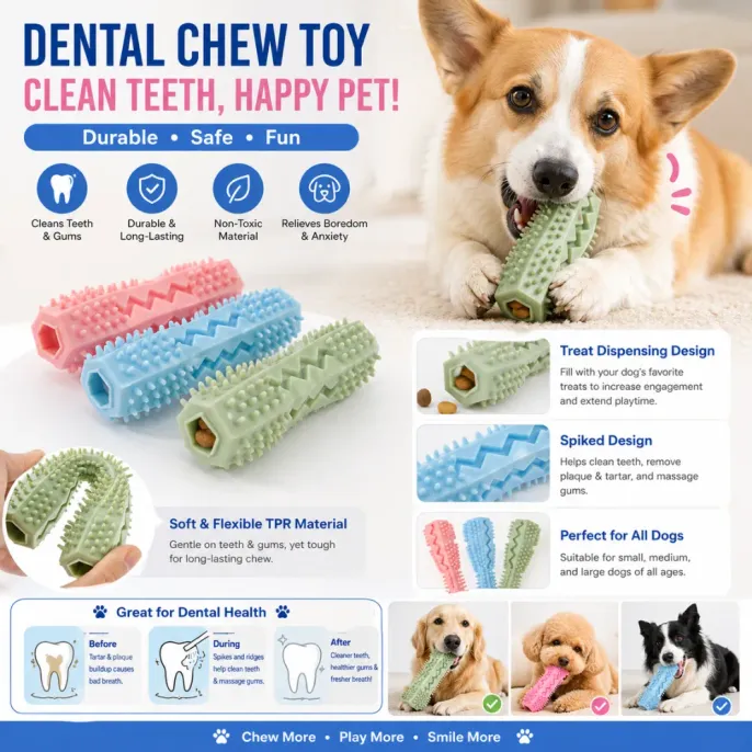 Detailed infographic highlighting treat-dispensing design, spiked texture for plaque removal, and non-toxic TPR material.