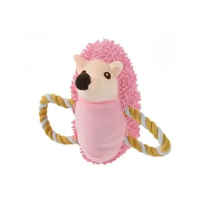 pink-plush-hedgehog-dog-toy-wholesale Close-up of the pink hedgehog dog toy showing the textured "spikes" fabric and dual-tone twisted rope handles.