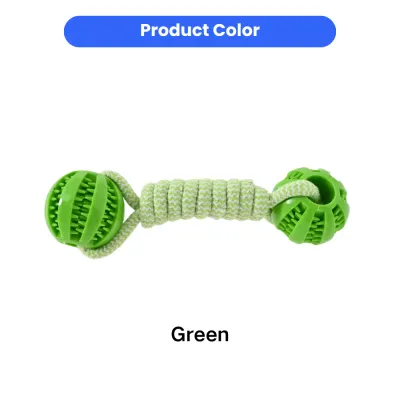 Close-up of a green interactive dog tug toy featuring two spiked TPR balls connected by a cotton rope.