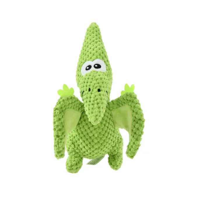 green-pterosaur-pet-toy-bulk-supply Green pterosaur dinosaur plush dog toy featuring a "corn kernel" texture for enhanced grip and durability.