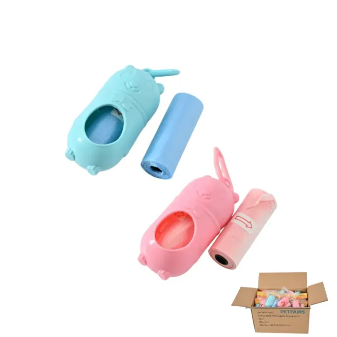A set of blue and pink bear-shaped dog waste bag dispensers with refill rolls and a bulk shipping carton in the background.