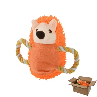 squeaky-hedgehog-dog-toy-with-rope-handles-orange Squeaky plush hedgehog dog toy in orange featuring durable cotton rope handles for interactive tug-of-war and fetch.