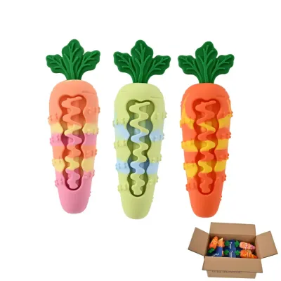 Wholesale Carrot Shape Rubber Dog Chew Toy Bulk Packaging Three colorful carrot-shaped rubber dog toys shown next to a bulk shipping carton for B2B wholesale supply.