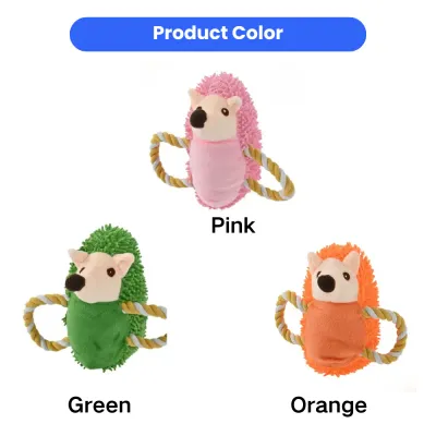 hedgehog-plush-dog-toy-color-options-pink-green-orange Three color variations of the hedgehog dog toy: Pink, Green, and Orange, highlighting bulk inventory options.