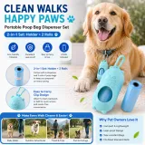 Promotional infographic highlighting eco-friendly materials, leak-proof design, and easy-carry clip for daily walks and travel.
