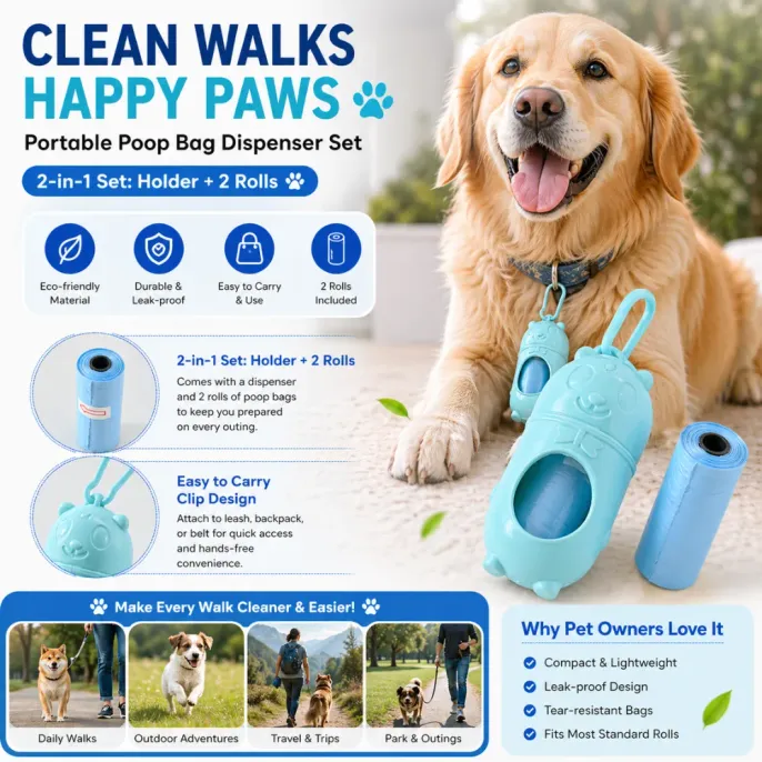 Promotional infographic highlighting eco-friendly materials, leak-proof design, and easy-carry clip for daily walks and travel.