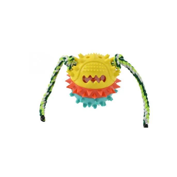 A yellow and teal blue spiky squeaky dog toy with an integrated green cotton rope.
