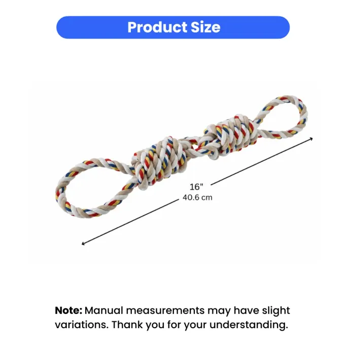 Product dimensions diagram showing the dog tug rope toy measures 16 inches or 40.6 centimeters in length.