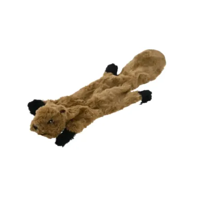 squirrel-shape-no-stuffing-dog-toy Realistic brown squirrel-shaped plush dog toy with black paws and no stuffing.