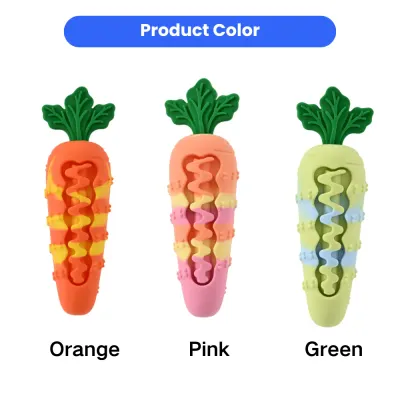 Available Colors for Carrot Puzzle Dog Toy - Orange Pink Green Three dog chew toys in vibrant orange, pink, and lime green colorways with green leafy tops.