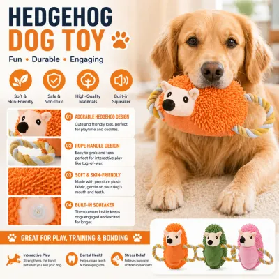 interactive-hedgehog-dog-toy-features-infographic Infographic showing dog toy features: built-in squeaker, soft skin-friendly fabric, rope handle design, and dental health benefits.