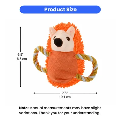 hedgehog-dog-toy-size-dimensions-chart Product size chart for hedgehog dog toy showing height of 6.5 inches (16.5 cm) and width of 7.5 inches (19.1 cm).