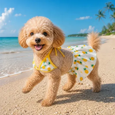 Small Dog Wearing Pineapple Bikini Set on Beach Summer Vacation Outfit Cute small dog wearing pineapple print bikini swimsuit walking on beach summer pet apparel