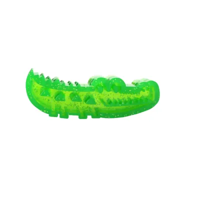 Ergonomic Textured Crocodile Dog Toy Design Side view of a green glittery crocodile dog toy showing the 3D dental cleaning textures and ridges.