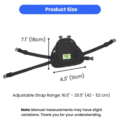 A product size guide showing the dimensions of the small dog backpack harness with an adjustable strap range.