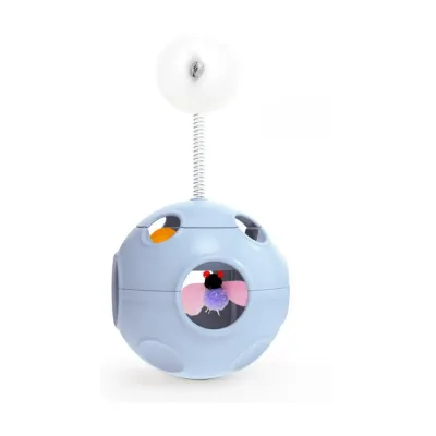 A high-quality 3D render of the sky blue interactive cat toy featuring a spring-mounted pom-pom and internal bug toy.