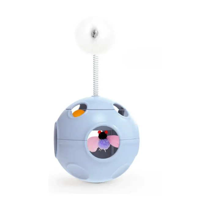A high-quality 3D render of the sky blue interactive cat toy featuring a spring-mounted pom-pom and internal bug toy.