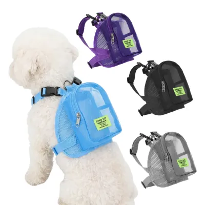 A white poodle wearing a blue mesh backpack harness alongside purple, black, and gray color options on a white background.