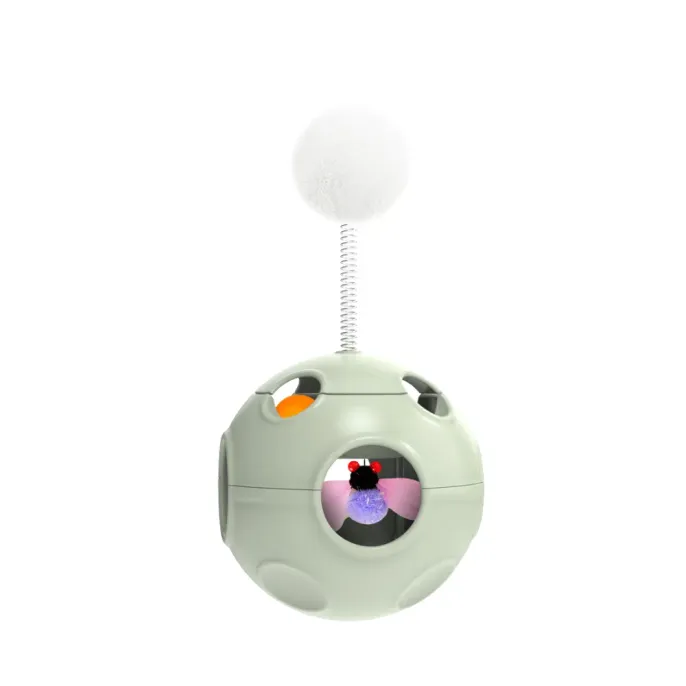 A high-quality 3D render of the mint green interactive cat toy featuring a spring-mounted pom-pom and internal bug toy.