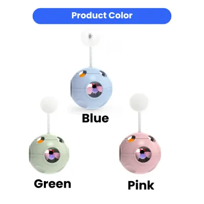 Three interactive cat toy balls in Sky Blue, Mint Green, and Cherry Pink colors with springy fluff balls.