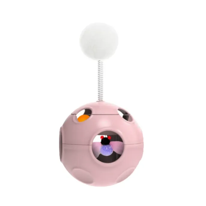 A high-quality 3D render of the cherry pink interactive cat toy featuring a spring-mounted pom-pom and internal bug toy.