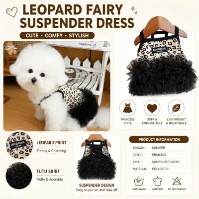 Leopard Fairy Suspender Dress Product Details Leopard fairy suspender dog dress product detail image showing breathable fabric and fluffy tutu skirt