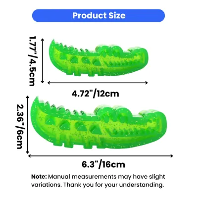 Crocodile Dog Toy Size Chart and Measurements Infographic showing dimensions for the small (4.72 inches) and large (6.3 inches) crocodile dental toys.